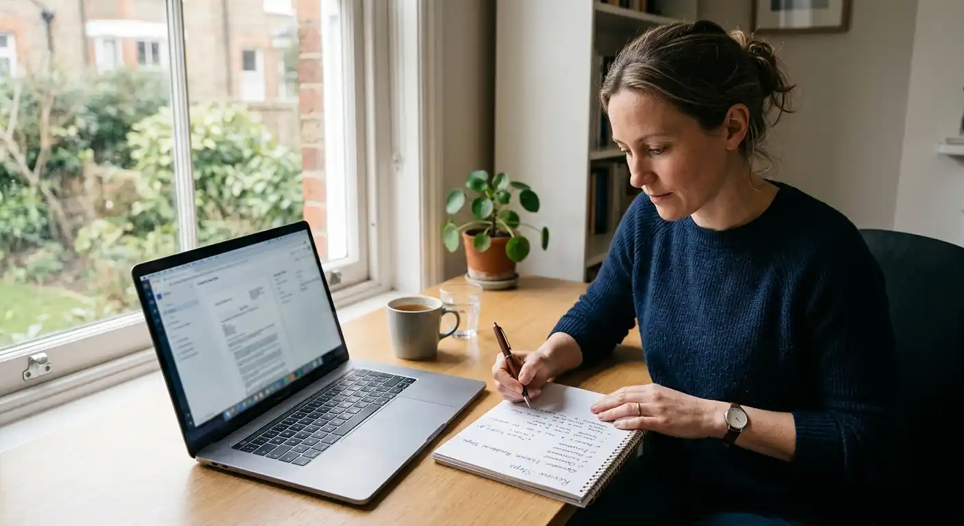 Handschriftliche Prüfliste mit Betreiber, Lizenz, Wohnsitz und Beschwerdeweg neben einem Laptop