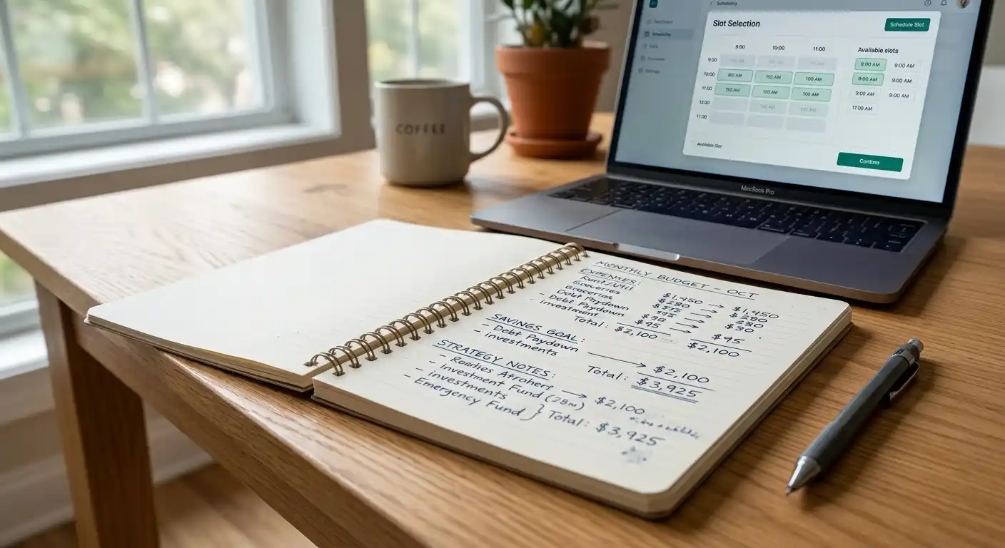 Notizbuch mit handgeschriebenen Budget-Berechnungen und Laptop zeigt Slot-Auswahl