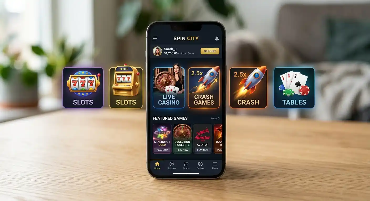 Smartphone mit Casino-App und verschiedenen Spielkategorien