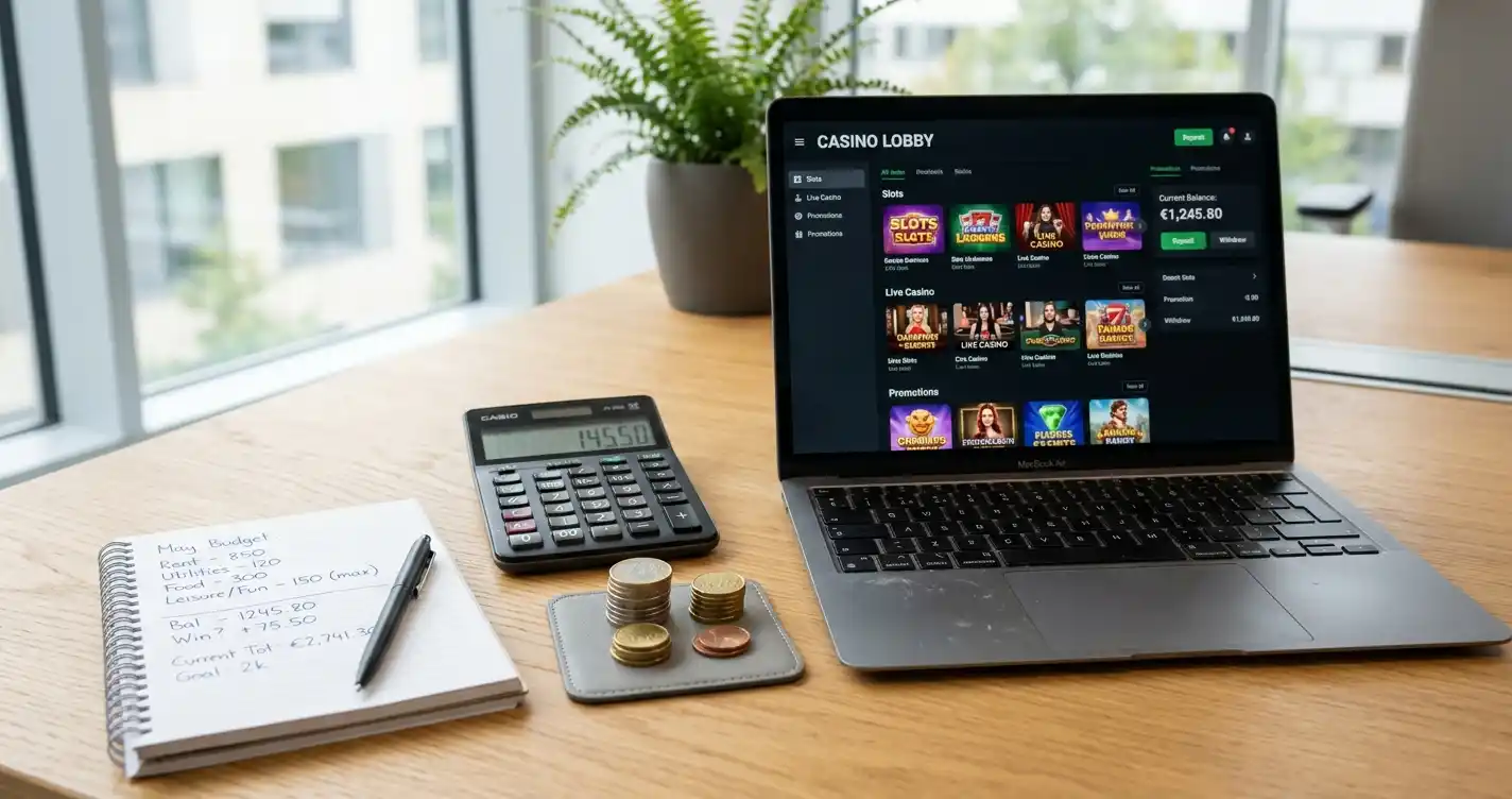Schreibtisch mit Laptop, Taschenrechner und Geldscheinen zur Budgetplanung für Casino-Spiele