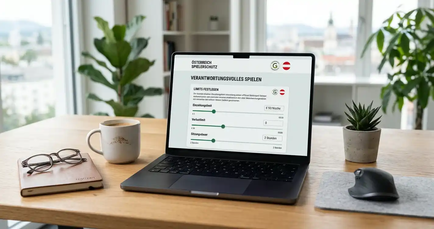 Aufgeräumter Schreibtisch mit Notiz zu Spielzeit und persönlichen Verlustgrenzen