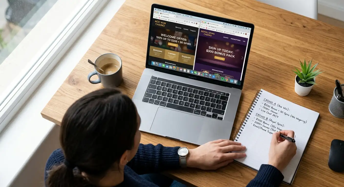 Person am Laptop mit Notizblock für Casino-Vergleich und mehreren Browser-Tabs geöffnet