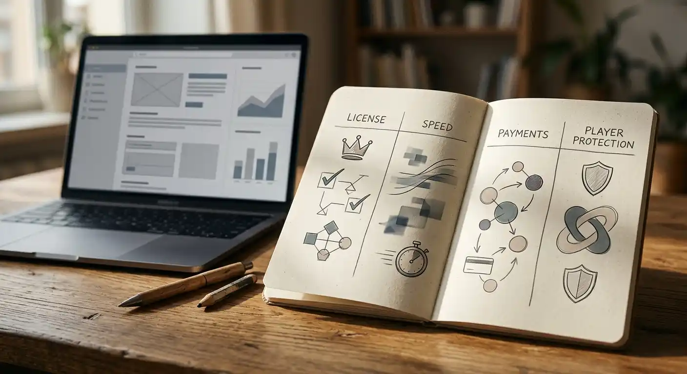 Notizbuch mit Gegenüberstellung von Geschwindigkeit, Lizenz und Spielerschutz