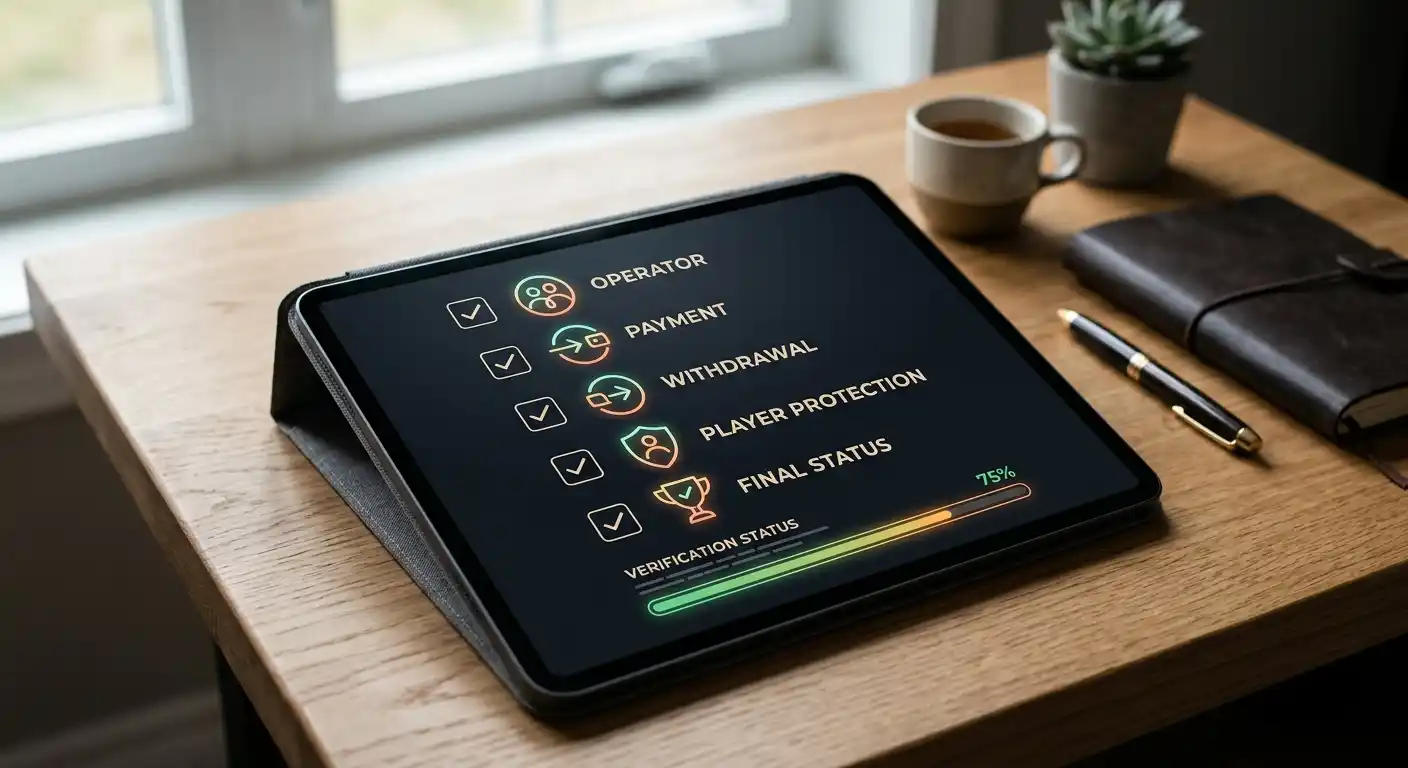 Checkliste mit Betreiber, Zahlungsweg, Auszahlung und Spielerschutz auf einem Schreibtisch