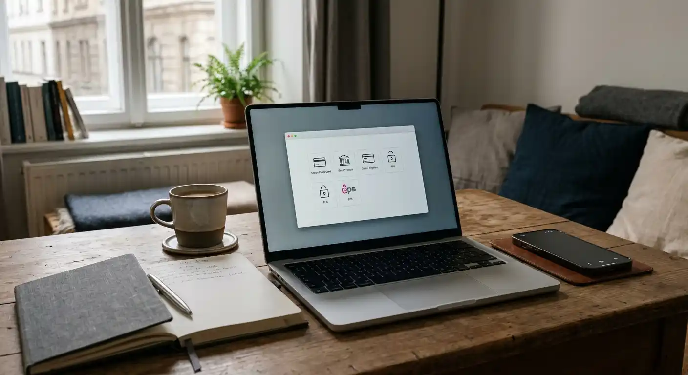 Laptop mit neutraler Kassenansicht und verschiedenen Zahlungswegen