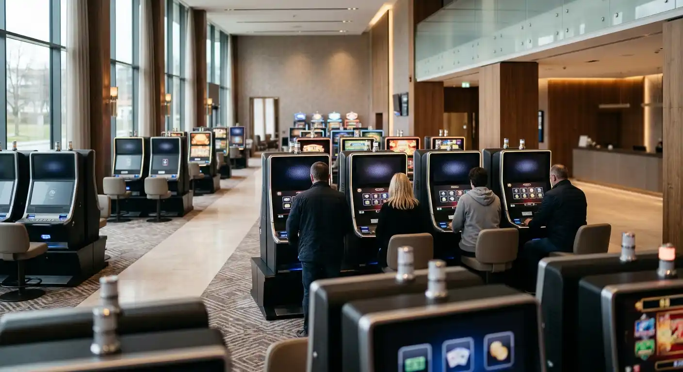 Unaufdringlicher österreichischer Spielsaal mit neutralen Spielautomaten und klarer Einsatzanzeige