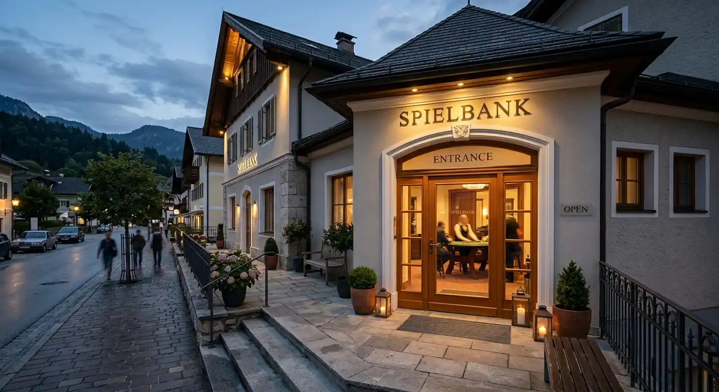 Österreichische Spielbankfassade bei Dämmerlicht mit neutralem Blackjack-Tisch im Vordergrund