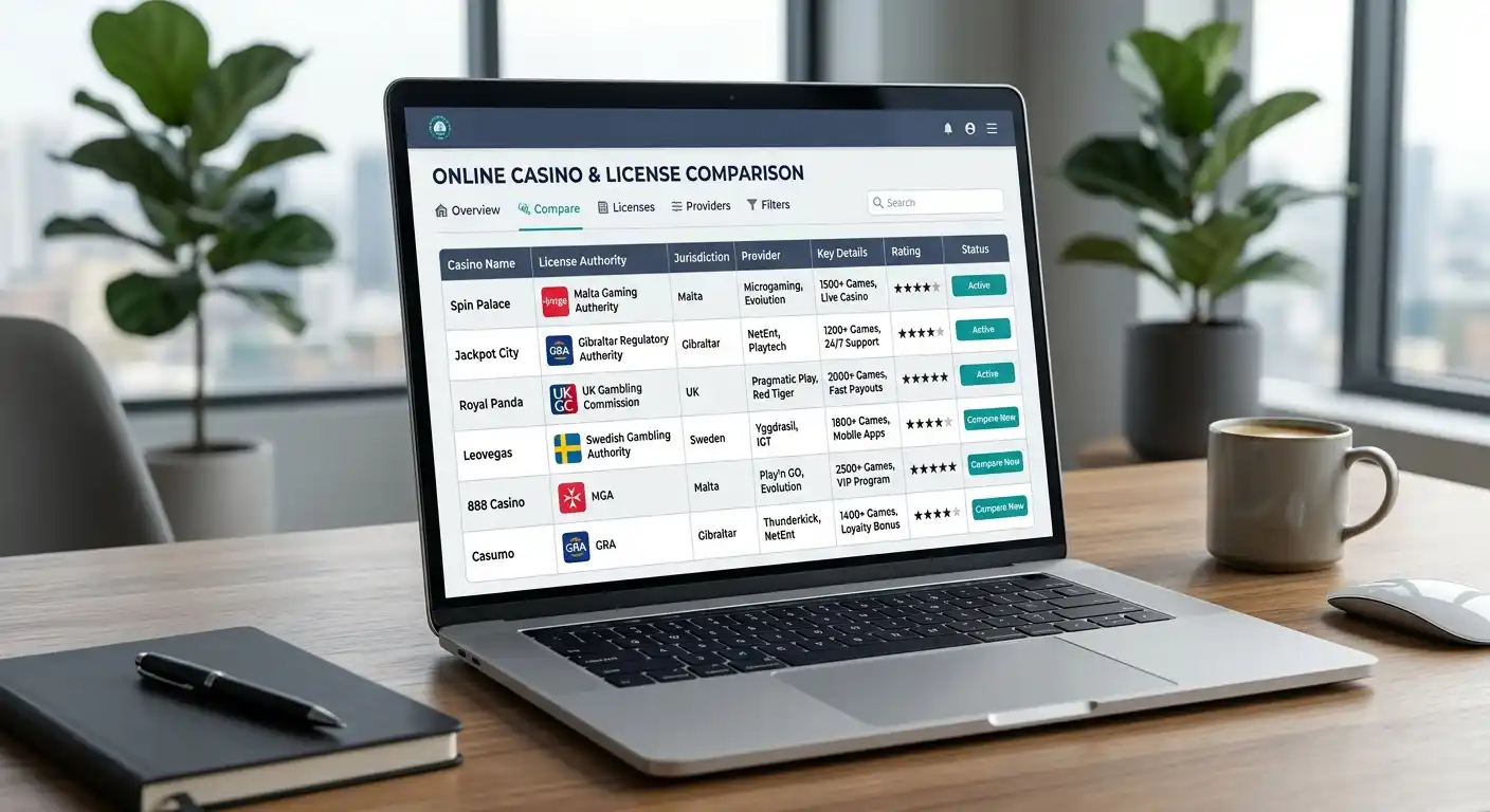 Laptop zeigt Casino-Vergleichstabelle mit Lizenz-Informationen