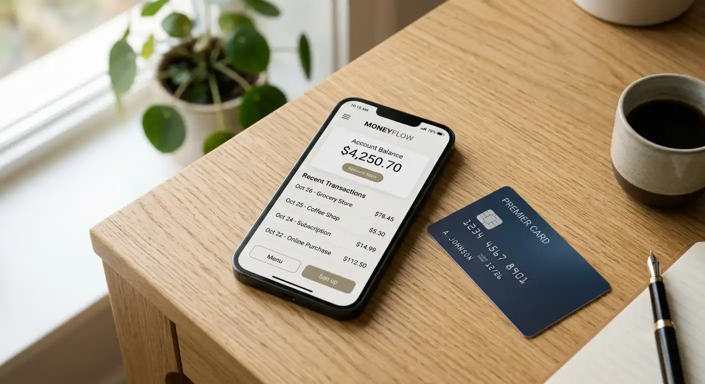 Smartphone mit PayPal-App und Kreditkarte auf Tisch