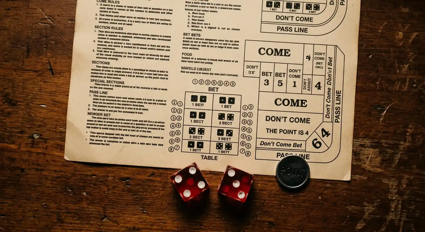 Zwei Würfel neben einem Craps-Regelblatt mit markiertem Point