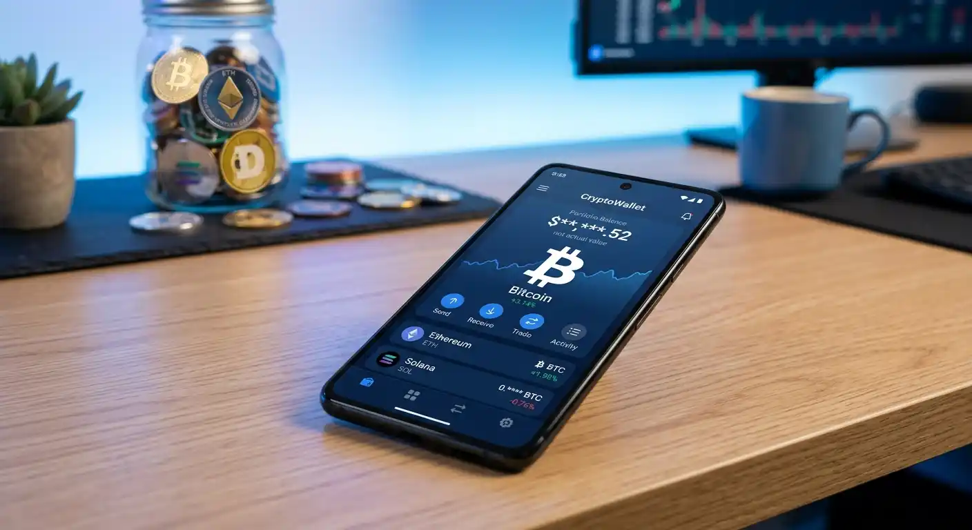 Bitcoin-Symbol auf Smartphone mit Krypto-Wallet im Hintergrund