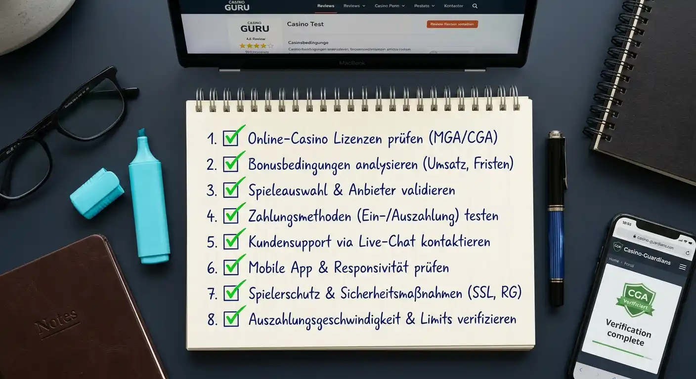 Checkliste mit Safety Score Prüfung und Lizenz-Verifizierung auf Notizblock