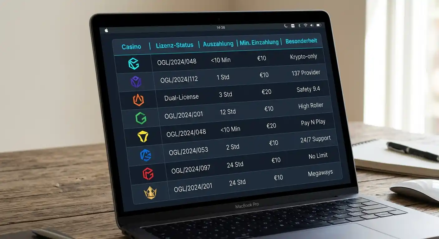 Vergleichstabelle mit Casino-Logos und Lizenz-Informationen auf Laptop-Bildschirm