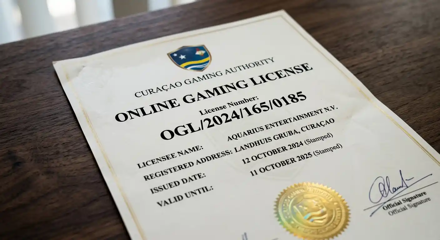 Offizielle Curaçao Gaming Authority Lizenz-Dokument mit Siegel und Registernummer