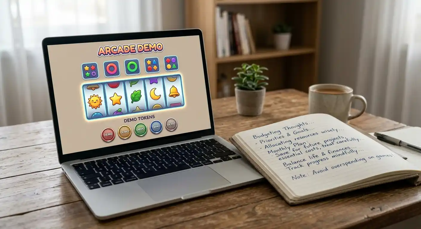 Laptop mit Demo-Spielansicht, daneben handschriftliche Budgetnotizen ohne Zahlen
