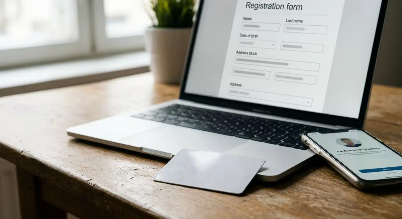 Ausweisdokument und Laptop als Sinnbild für die Identitätsprüfung