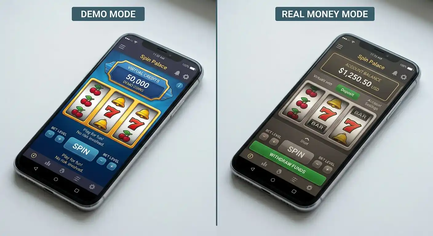 Split-Screen: Links Demo-Modus mit virtuellen Credits, rechts Echtgeld-Interface mit Kontostand und Auszahlungs-Button
