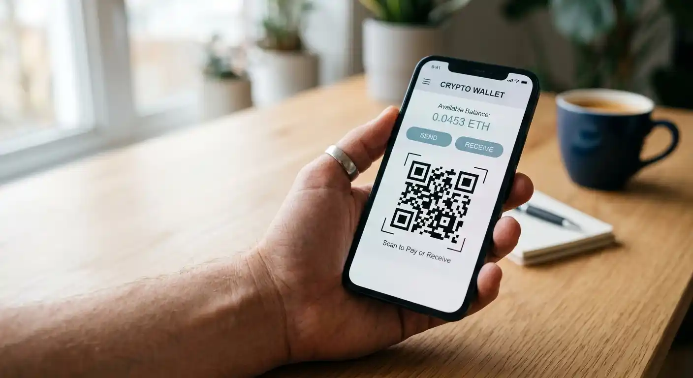 Smartphone mit Krypto-Wallet und QR-Code für eine Dogecoin-Einzahlung im Casino