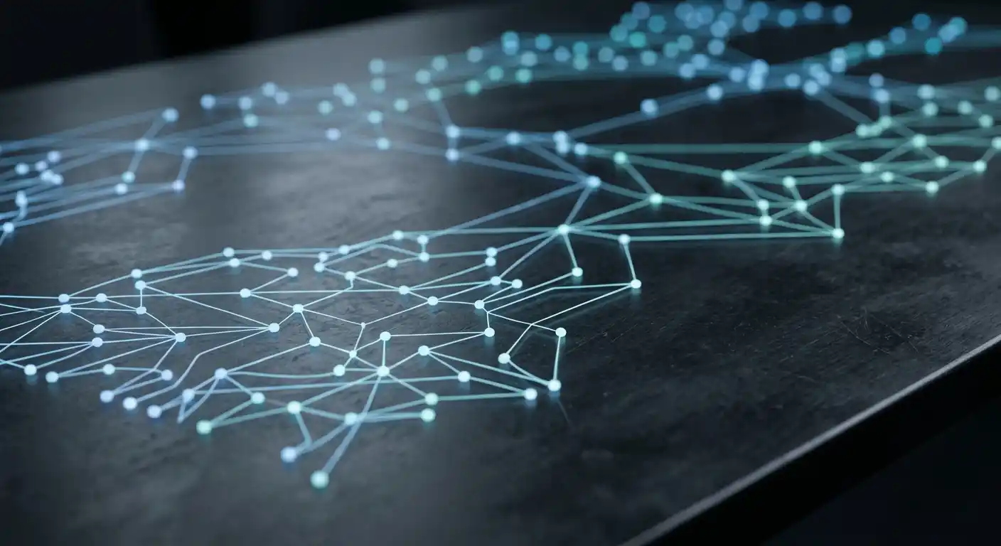 Netzwerk verbundener Knotenpunkte als Sinnbild der öffentlichen Blockchain-Transaktionen