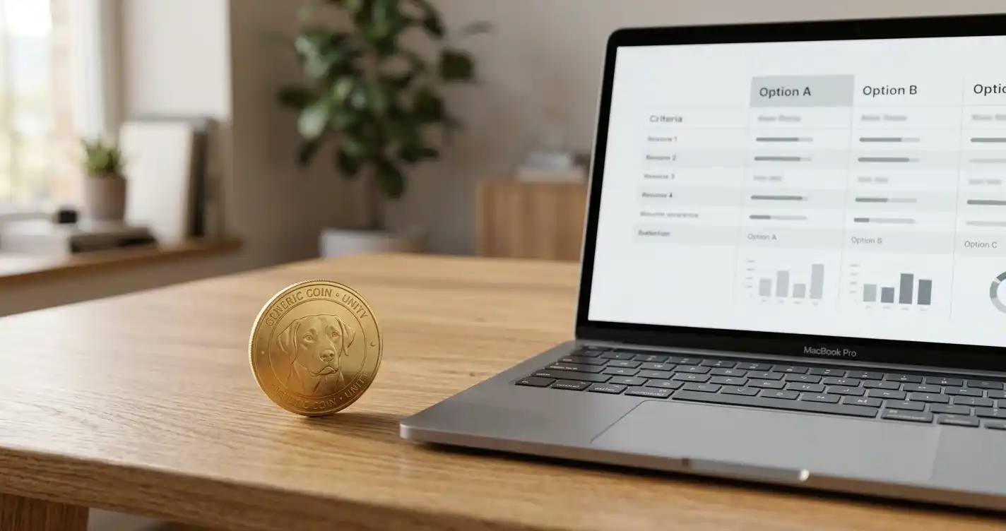 Dogecoin-Münze auf einem Schreibtisch neben Laptop mit Casino-Vergleich für Österreich
