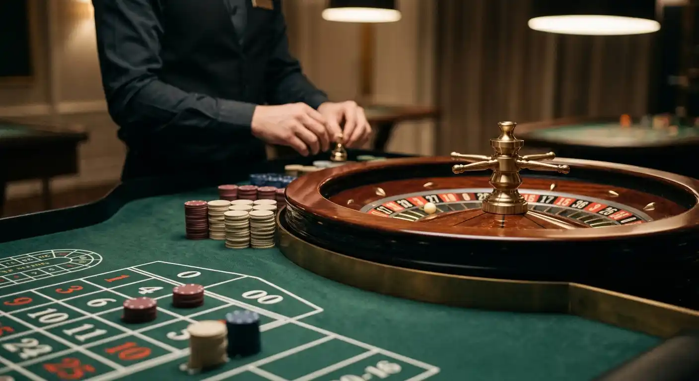 Realistischer Live-Tisch mit Croupier und Roulettekessel in einem Online-Casino