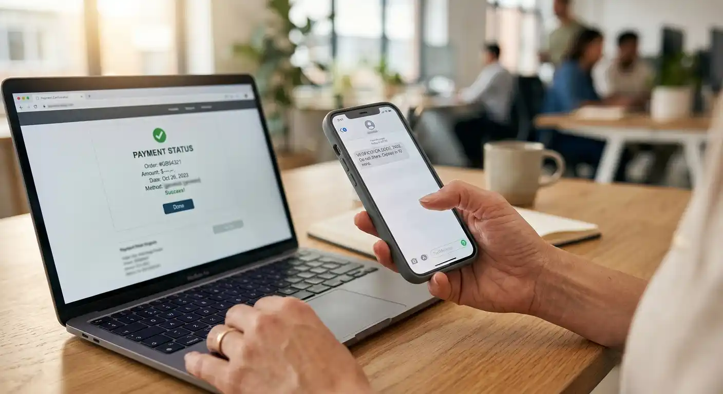 Person prüft SMS-Bestätigung und neutrale Zahlungsdetails auf einem Smartphone