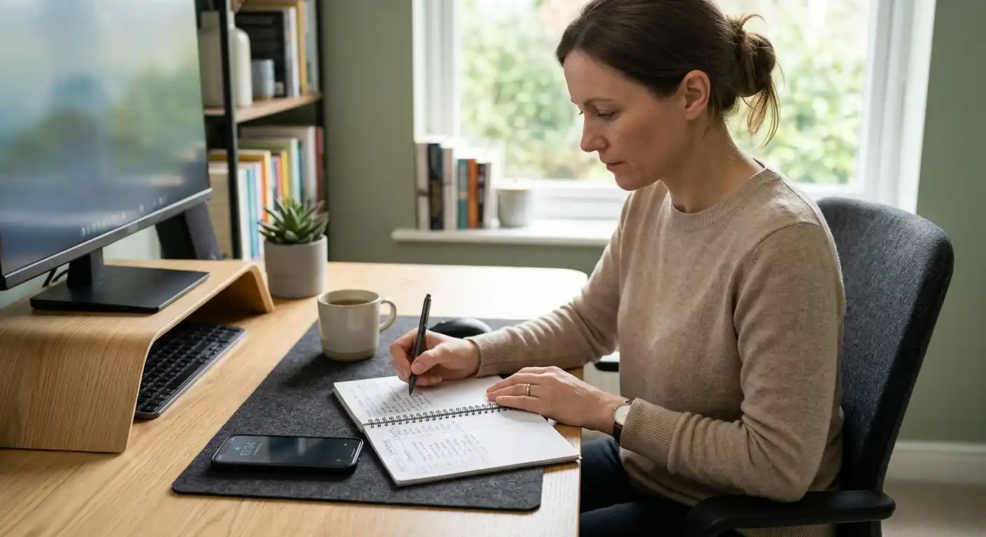 Ruhiger Schreibtisch mit Budgetnotizen und neutralem Smartphone ohne Markenlogo