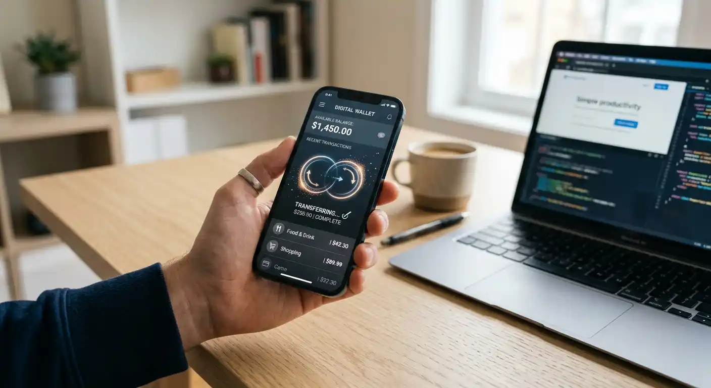 Smartphone mit E-Wallet-App auf einem Schreibtisch neben einem Laptop