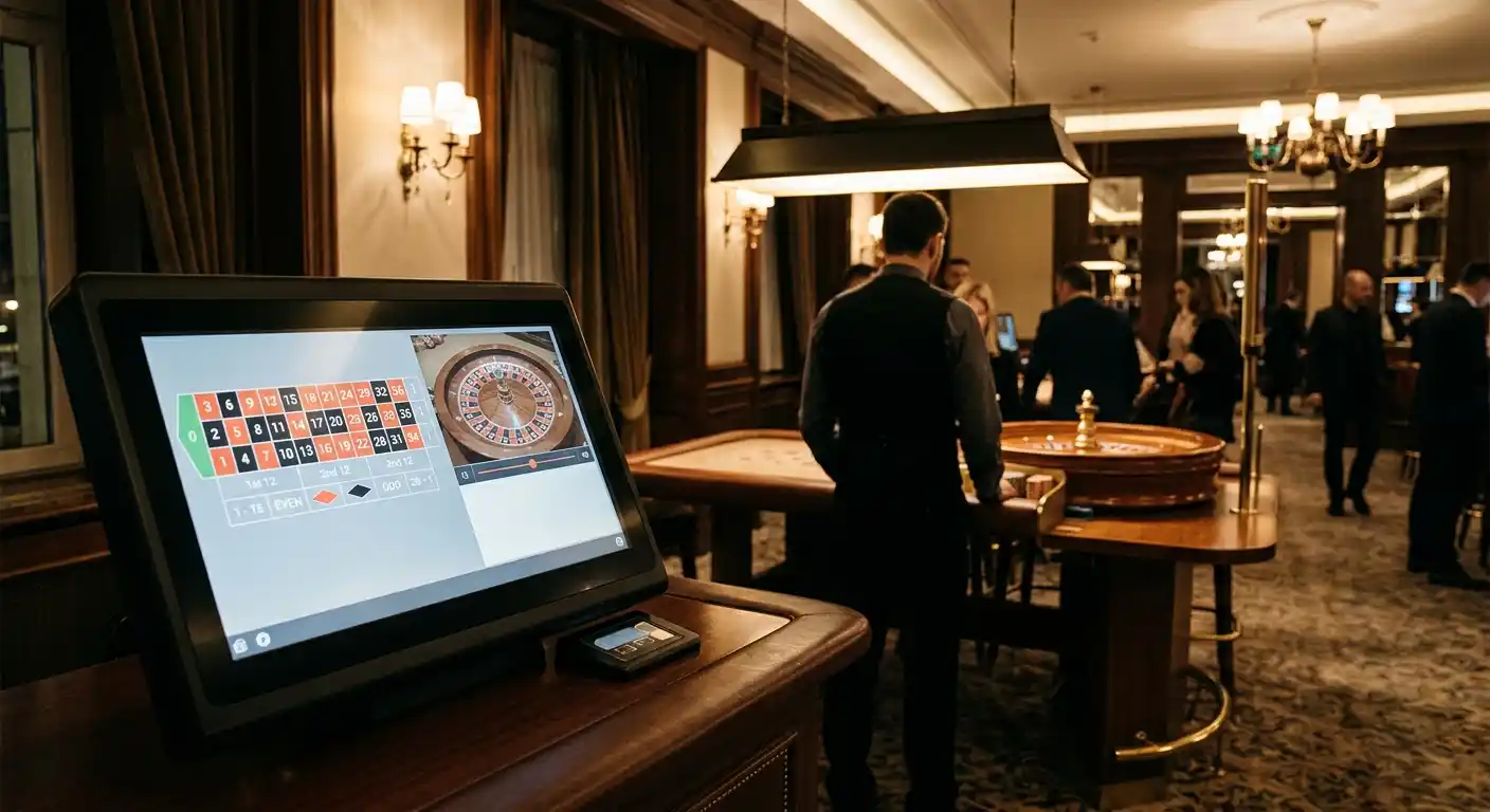 Spielbank-Terminal mit Livebild eines echten Roulettekessels und neutralem Croupier