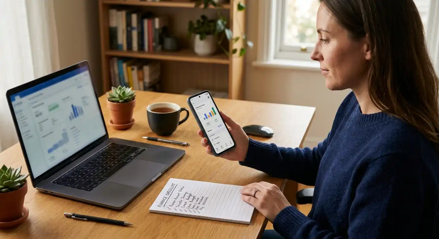 Person mit Laptop und Notizblatt neben neutraler Banking-App