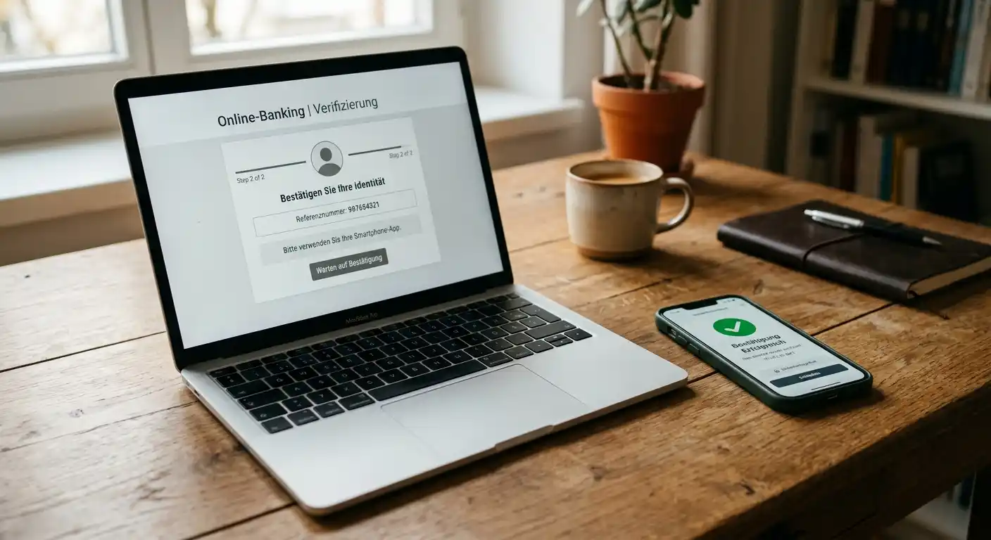 Laptop zeigt eine österreichische Banking-App, daneben Mobiltelefon mit eID-Signatur-Ansicht, neutrale helle Oberfläche