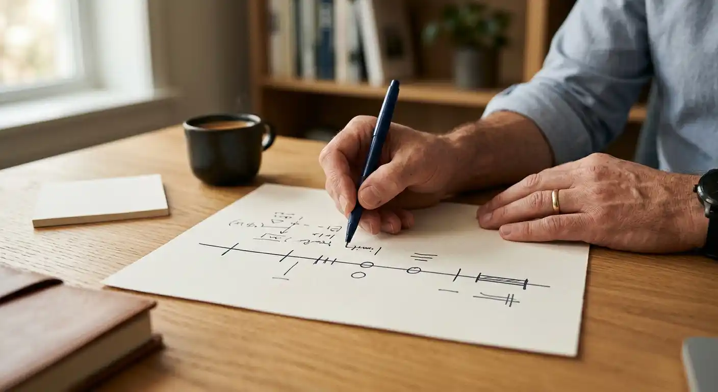 Handschriftliche Notizen mit Zeitachsen und verschiedenen neutralen Begrenzungen