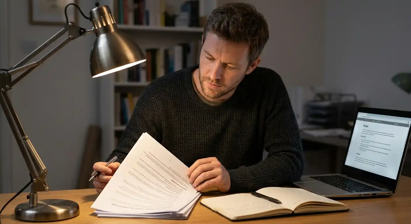 Person mit Notizbuch prüft Bonusbedingungen und Höchsteinsatz