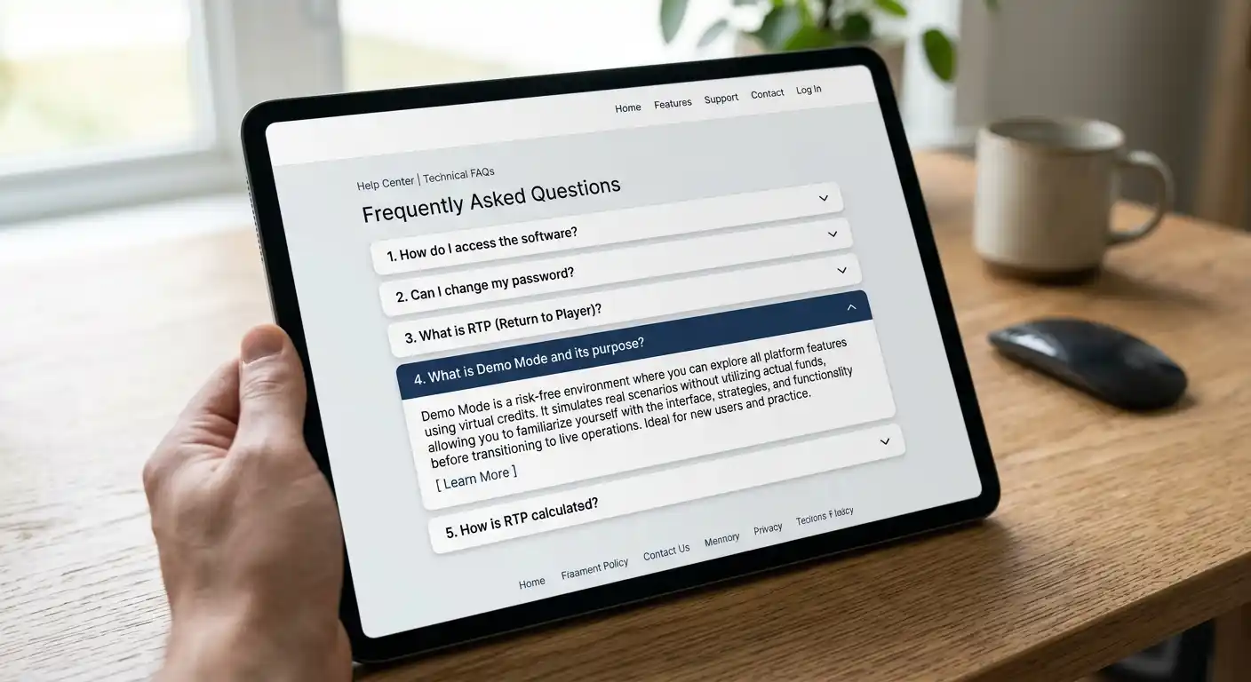 Tablet zeigt FAQ-Sektion mit aufgeklappten Antworten zu Demo-Modus und RTP-Fragen