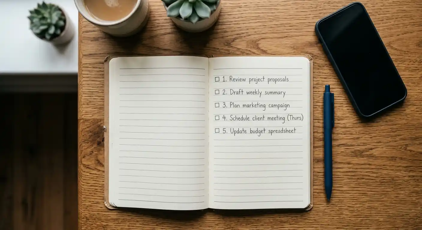 Notebook mit handschriftlicher Schritt-für-Schritt-Liste für Casino-Registrierung