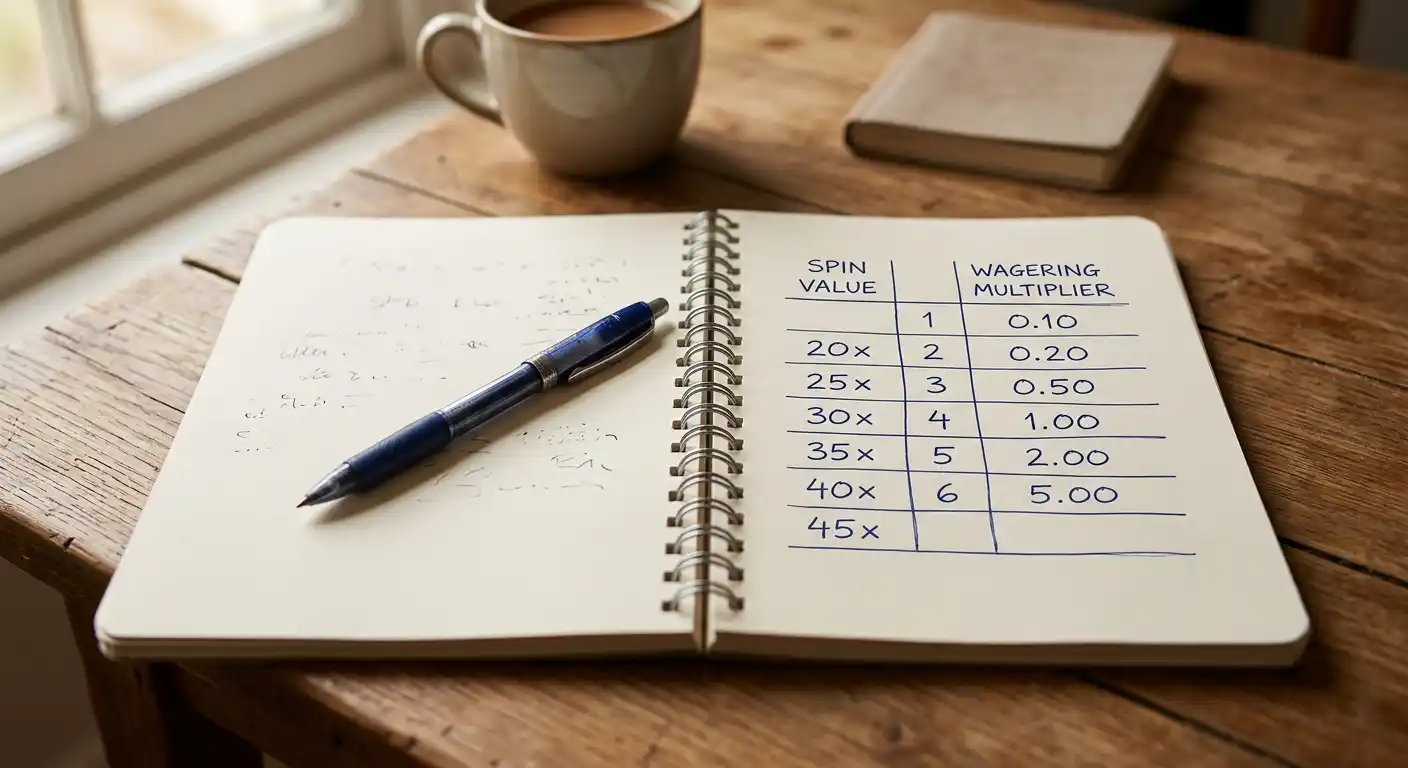 Stift und Notizbuch mit handschriftlicher Skizze einer Bonus-Tabelle, Spin-Wert und Wagering vermerkt