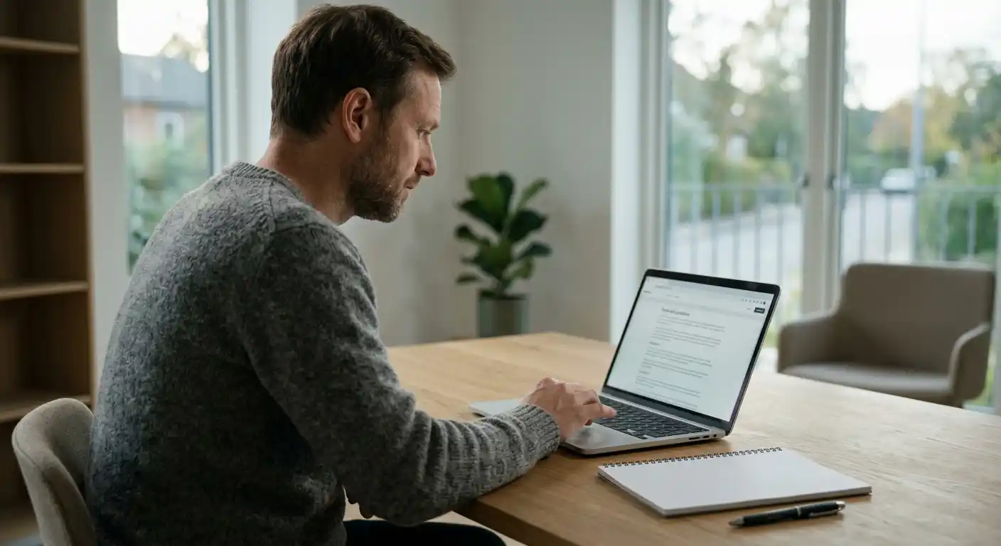 Person prüft neutrale Auszahlungsbedingungen auf einem Laptop