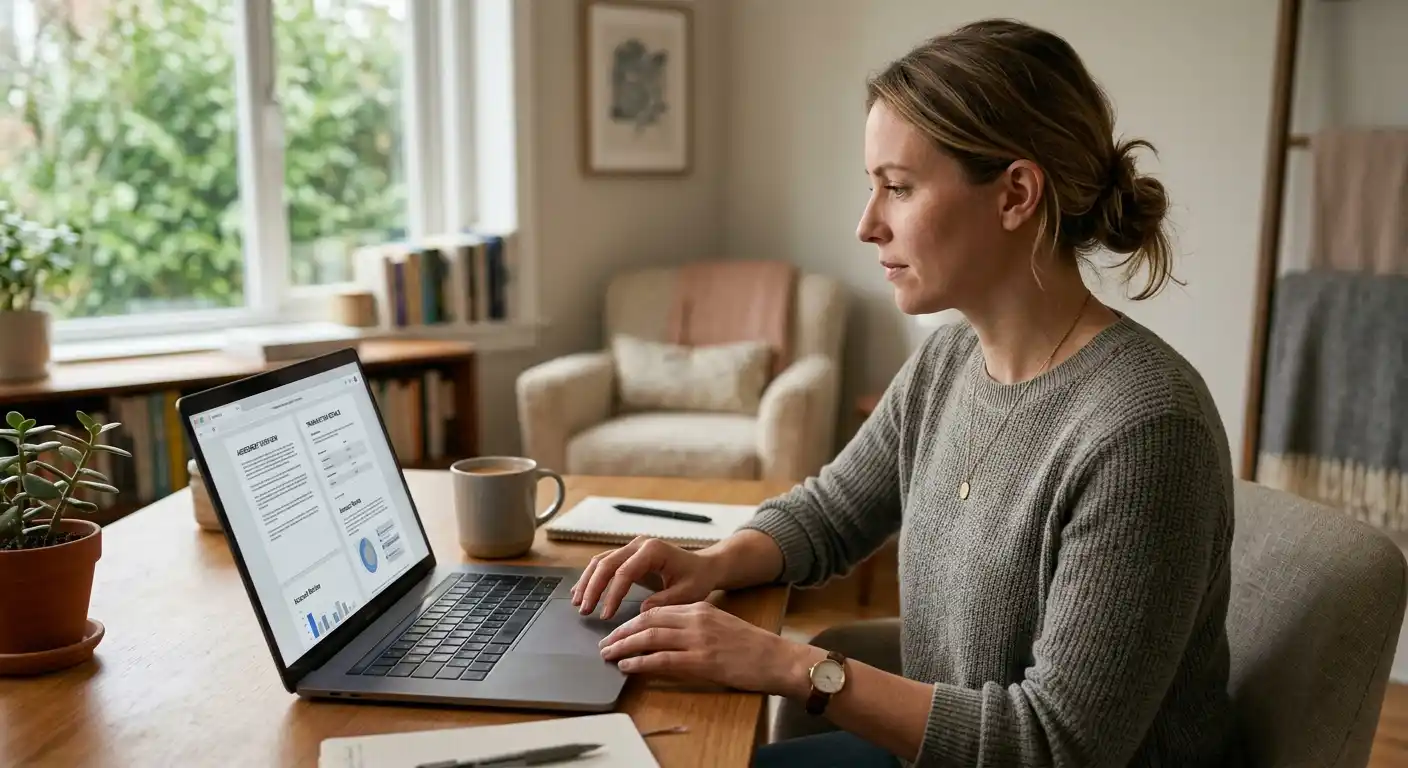 Person prüft Betreiberangaben und Zahlungsbedingungen auf einem Laptop