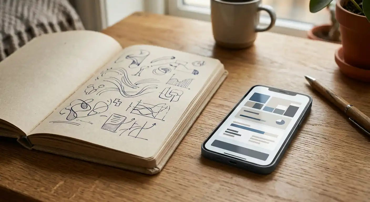 Notizbuch mit neutralen Einzahlungsbedingungen und Smartphone ohne Markenlogo