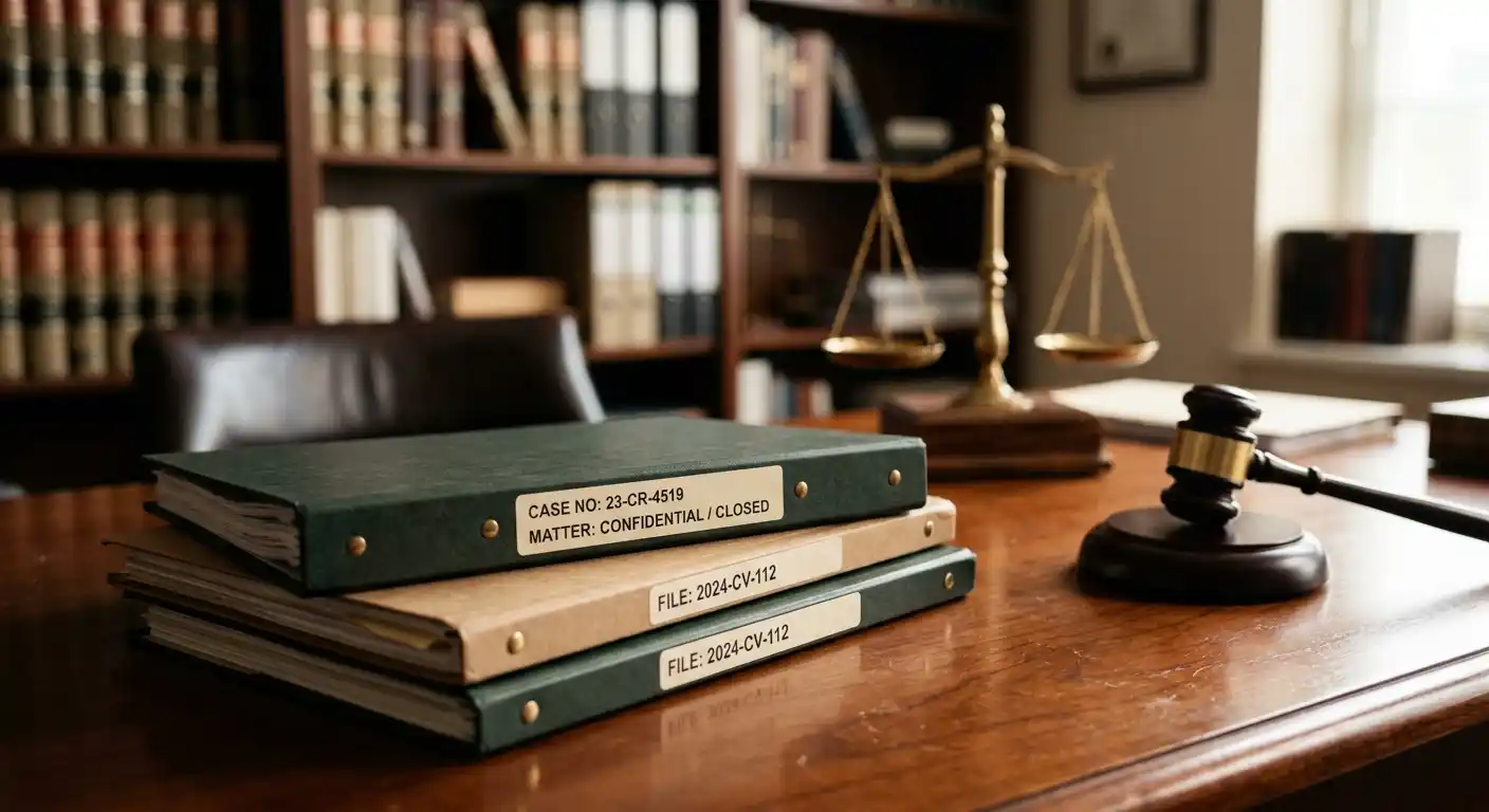Rechtsanwaltsbüro mit Akten zu Glücksspielverlusten, Waage der Gerechtigkeit im Hintergrund