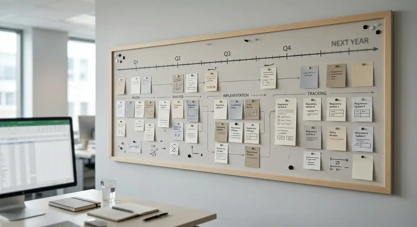 Neutrale Zeitleiste mit österreichischen Reformdaten auf einem Notizbrett
