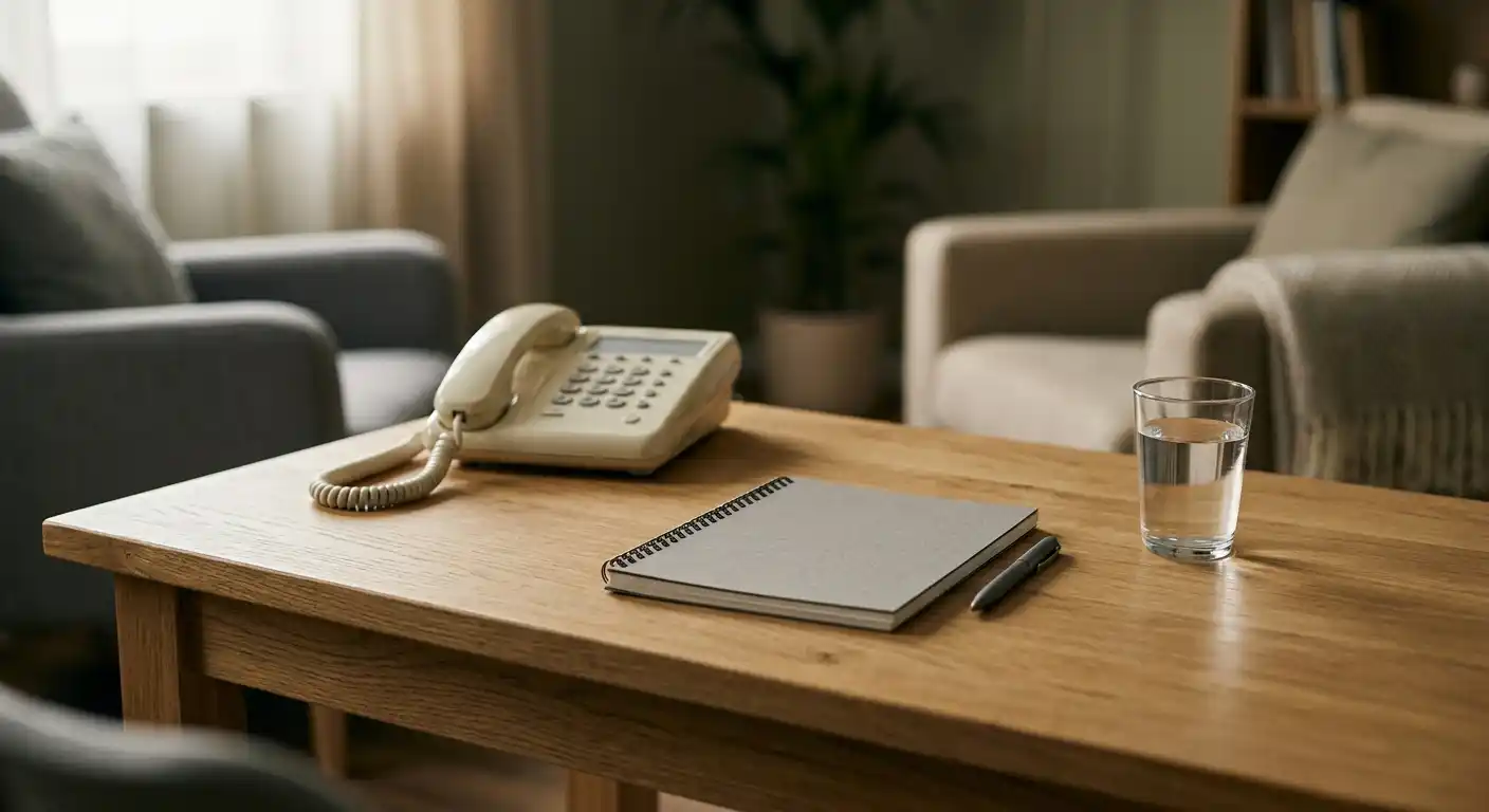 Telefon und Notizbuch auf einem ruhigen Beratungstisch ohne erkennbare Marken