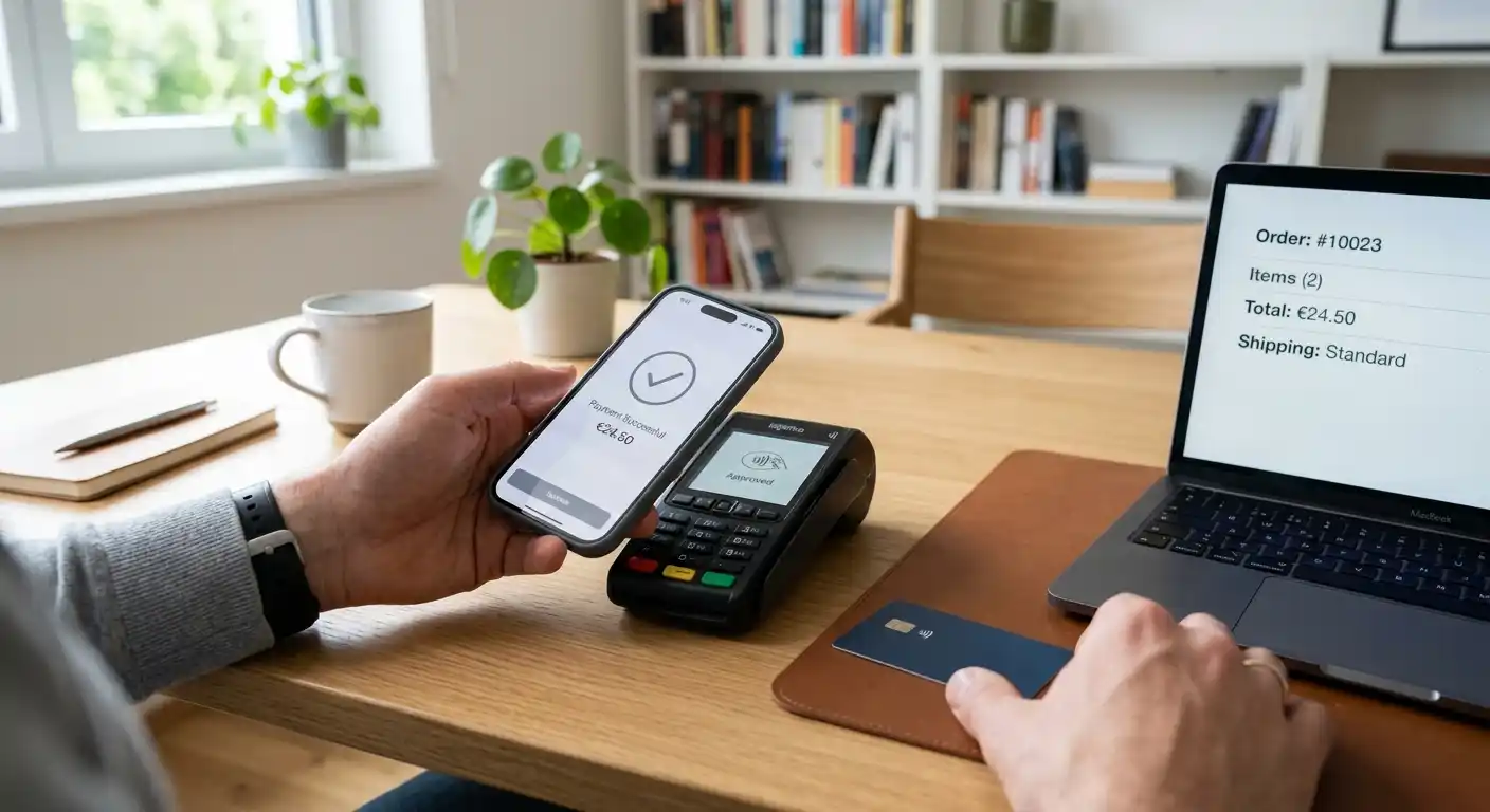 Hände bestätigen eine Google-Pay-Einzahlung auf einem Smartphone neben einer Zahlungskarte