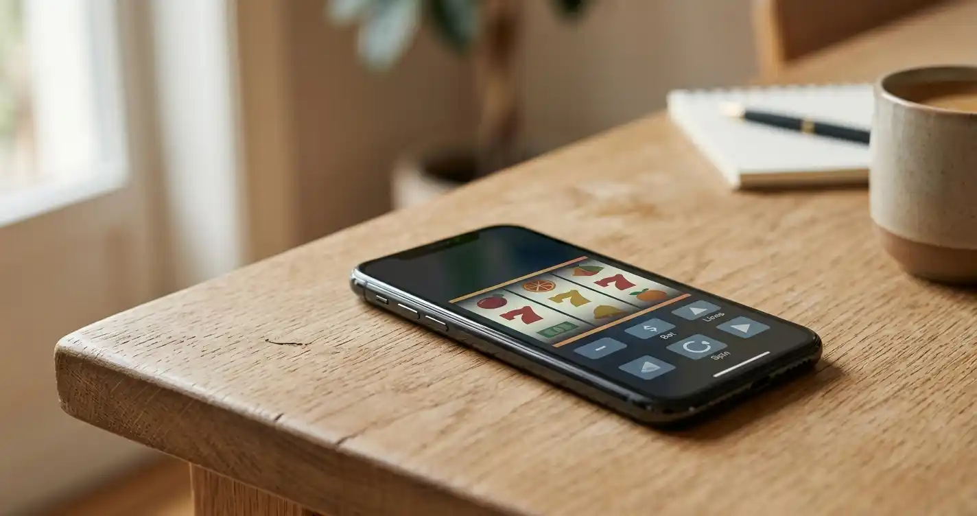 Smartphone auf einem Tisch mit einem geöffneten mobilen Casino ohne Einzahlung