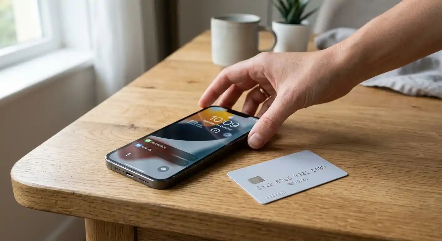 Smartphone neben einer Prepaid-Karte auf einem Tisch, symbolisch für mobile Einzahlungsmethoden