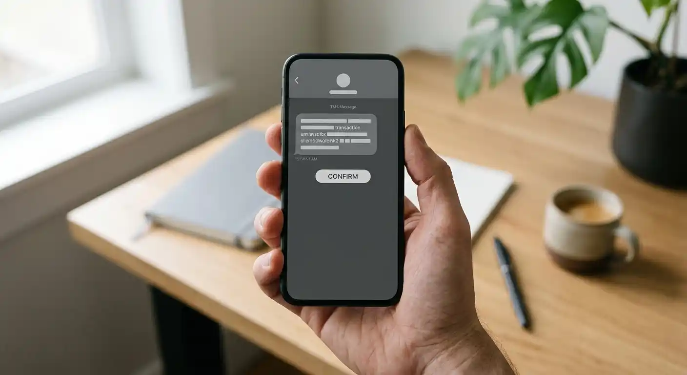 Neutraler Smartphone-Zahlungsdialog mit SMS-Bestätigung auf einem aufgeräumten Schreibtisch