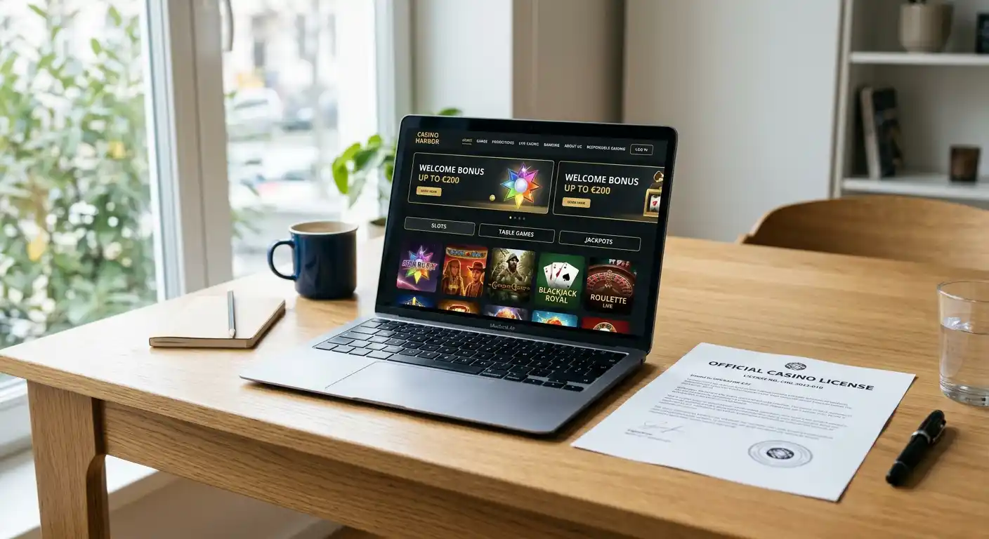 Laptop mit geöffneter Casino-Website und Lizenzdokument daneben