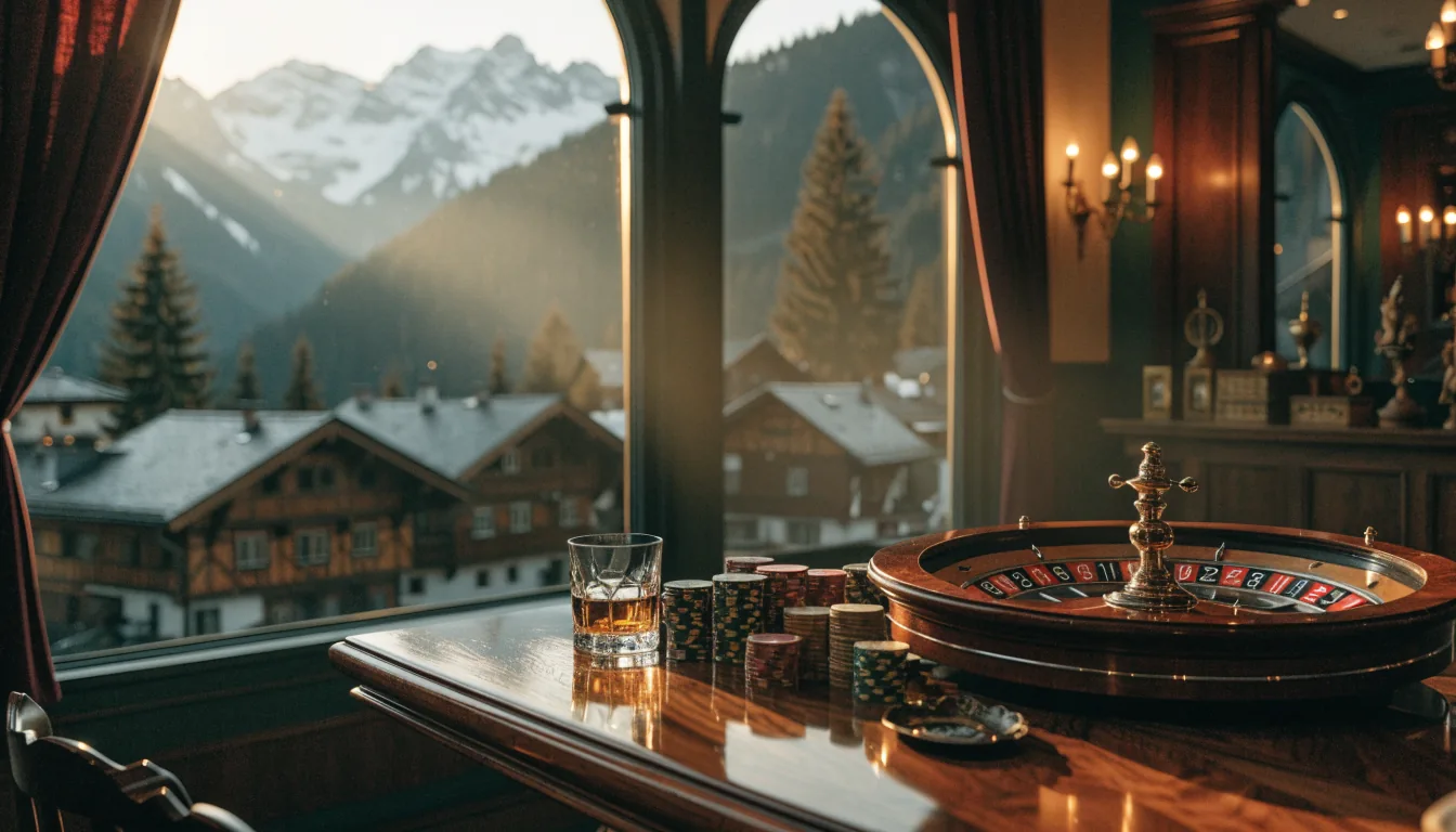 Eleganter österreichischer Casino-Salon mit Roulette-Rad und Alpenpanorama