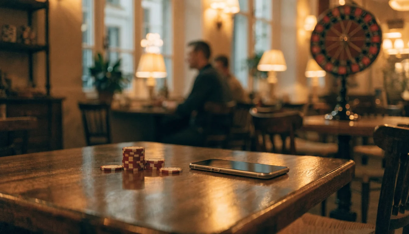Casino-Chips und Roulette-Rad in einem Wiener Café