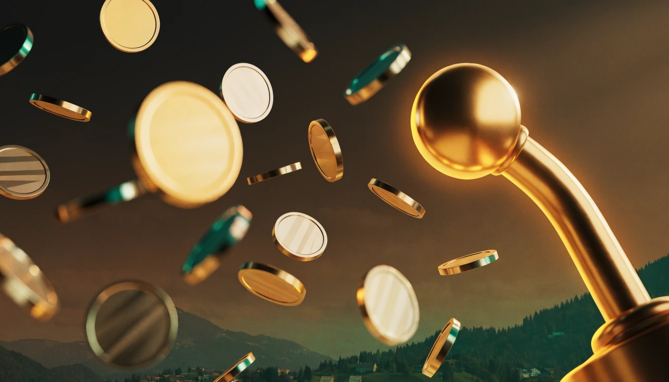 Goldene Spielautomaten-Hebel mit Münzen vor Alpen-Silhouette